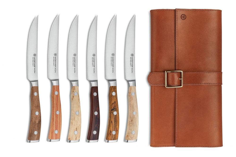Ikon Steak Knife Set in Leather Case, 6 Pieces – Mixed Wood
